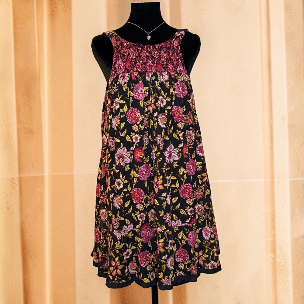 Free People Floral Smocked Mini Dress Tunic Black Pink XS Pocket V-Back